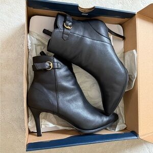 Cole Haan Black Heeled Boots with Gold Buckle